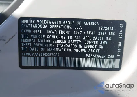2015 Volkswagen Passat 2.0L Tdi Sel Premium z USA, uszkodzony, nr VIN 1VWCV7A33FC057037